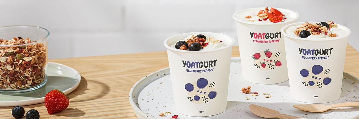 Yoghurt cups made with renewable paper-based materials.