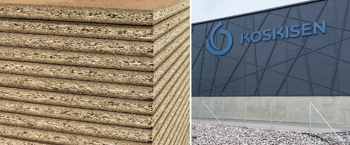 Exterior of a building with large Koskisen logo on the facade. 