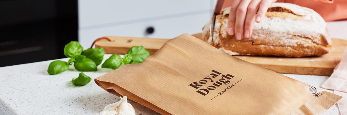 Kraft paper bag in a kitchen.
