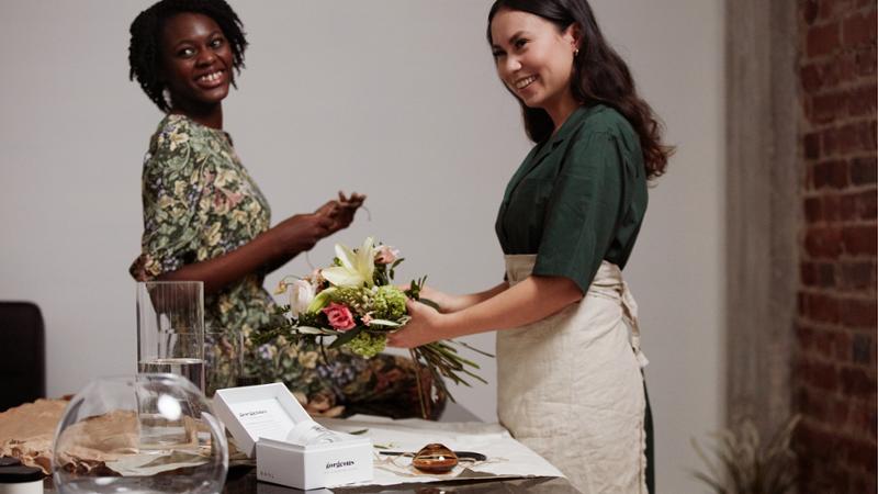 Young women and beauty care products 