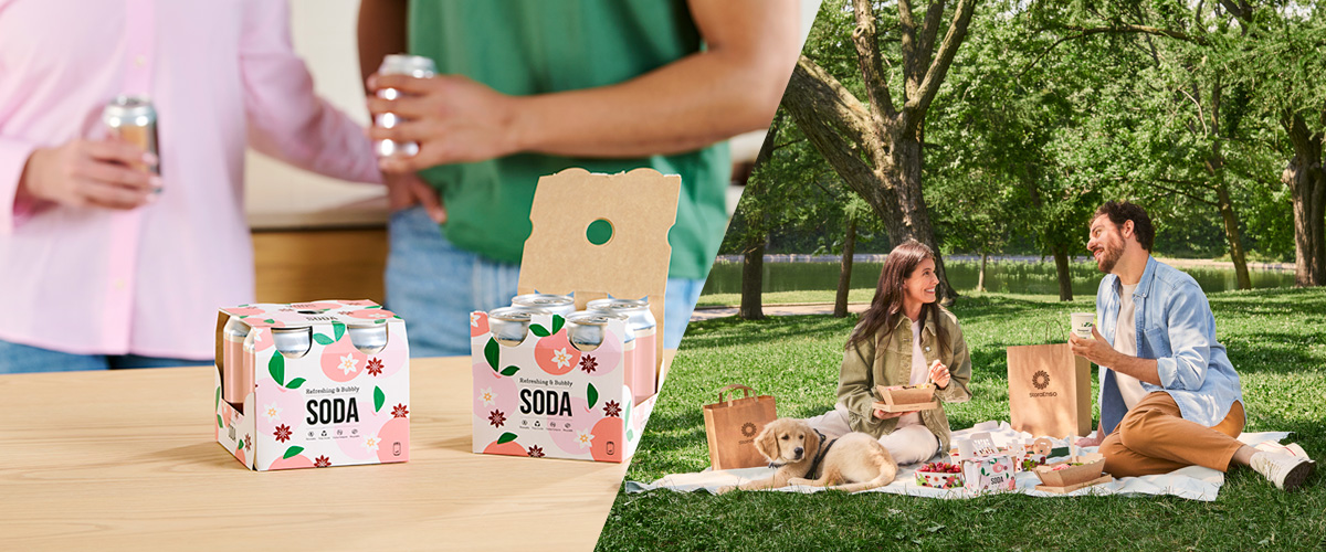 Beverage multipacks and a couple having a picnic