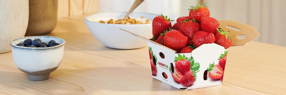 Corrugated box made from AvantForte WhiteTop with strwaberries on a table.